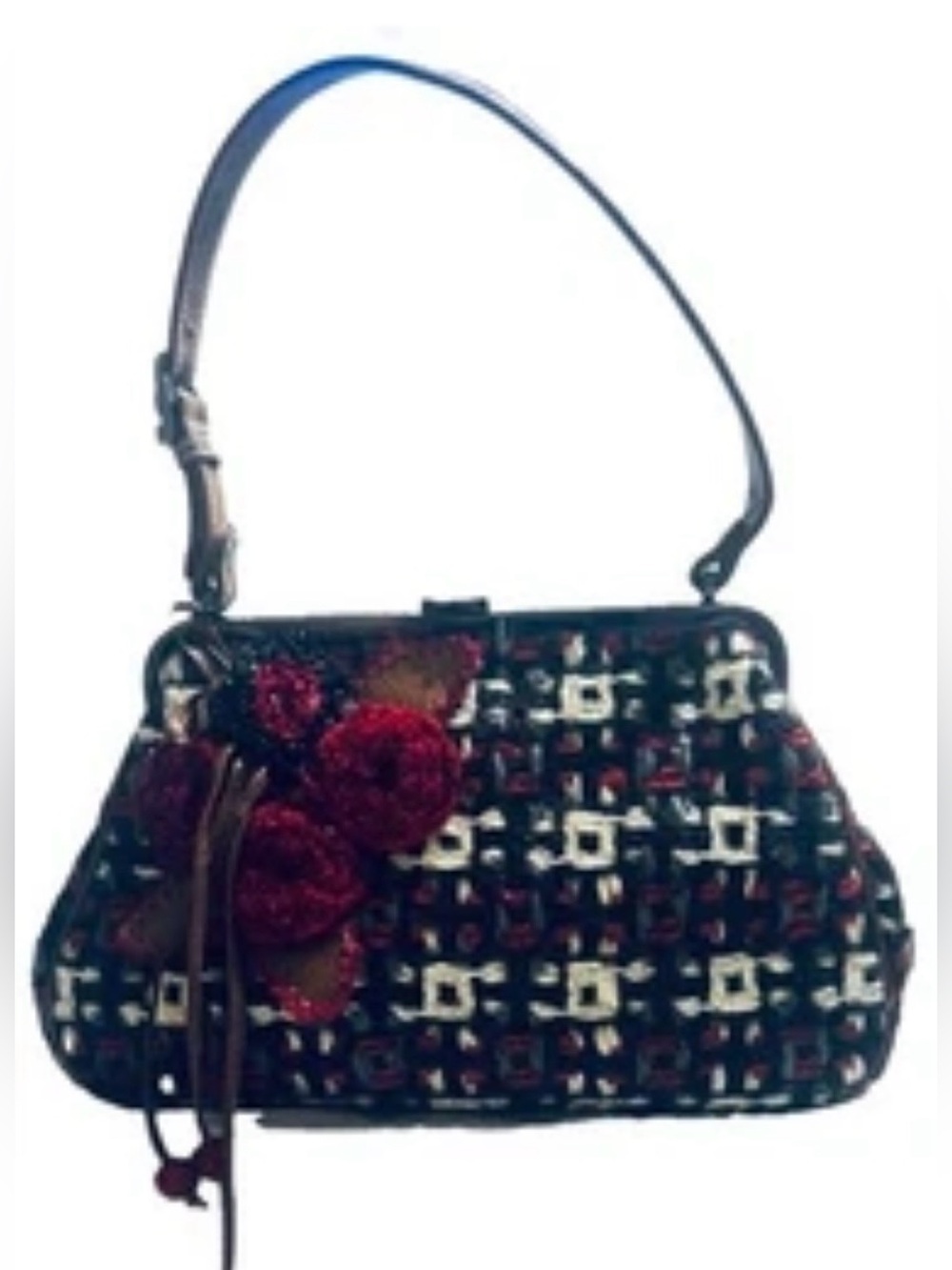 Isabella Fiore Floral Appliqué Tweed Frame Shoulder Bag Boho Embroidered